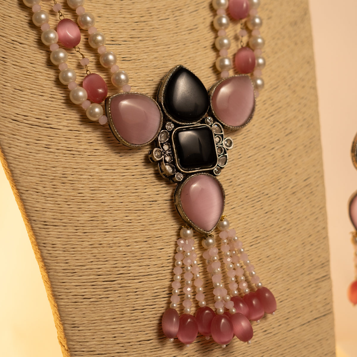 MEHANDI HANDMADE RAW AND RUSTIC FINISH MONALISA STONE PEARL AND BEADED MALA WITH EARRINGS ML11