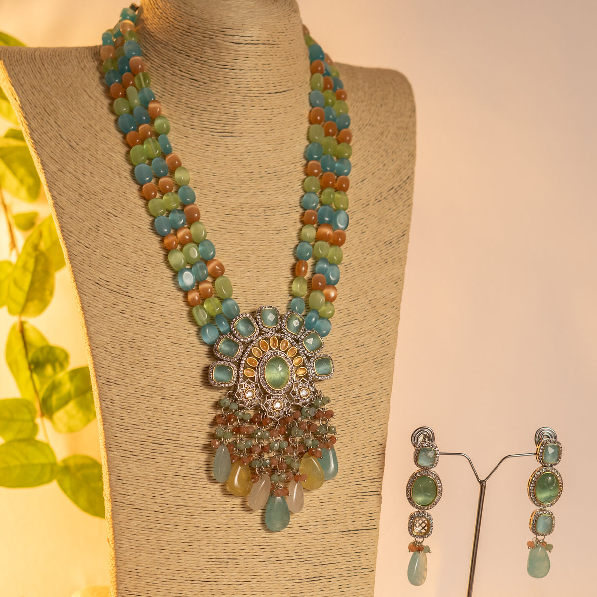 VARDHANA MONALISA STONE AND AD STONE BEADED MALA WITH EARRINGS ML06