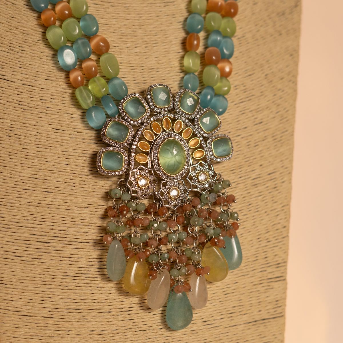 VARDHANA MONALISA STONE AND AD STONE BEADED MALA WITH EARRINGS ML06