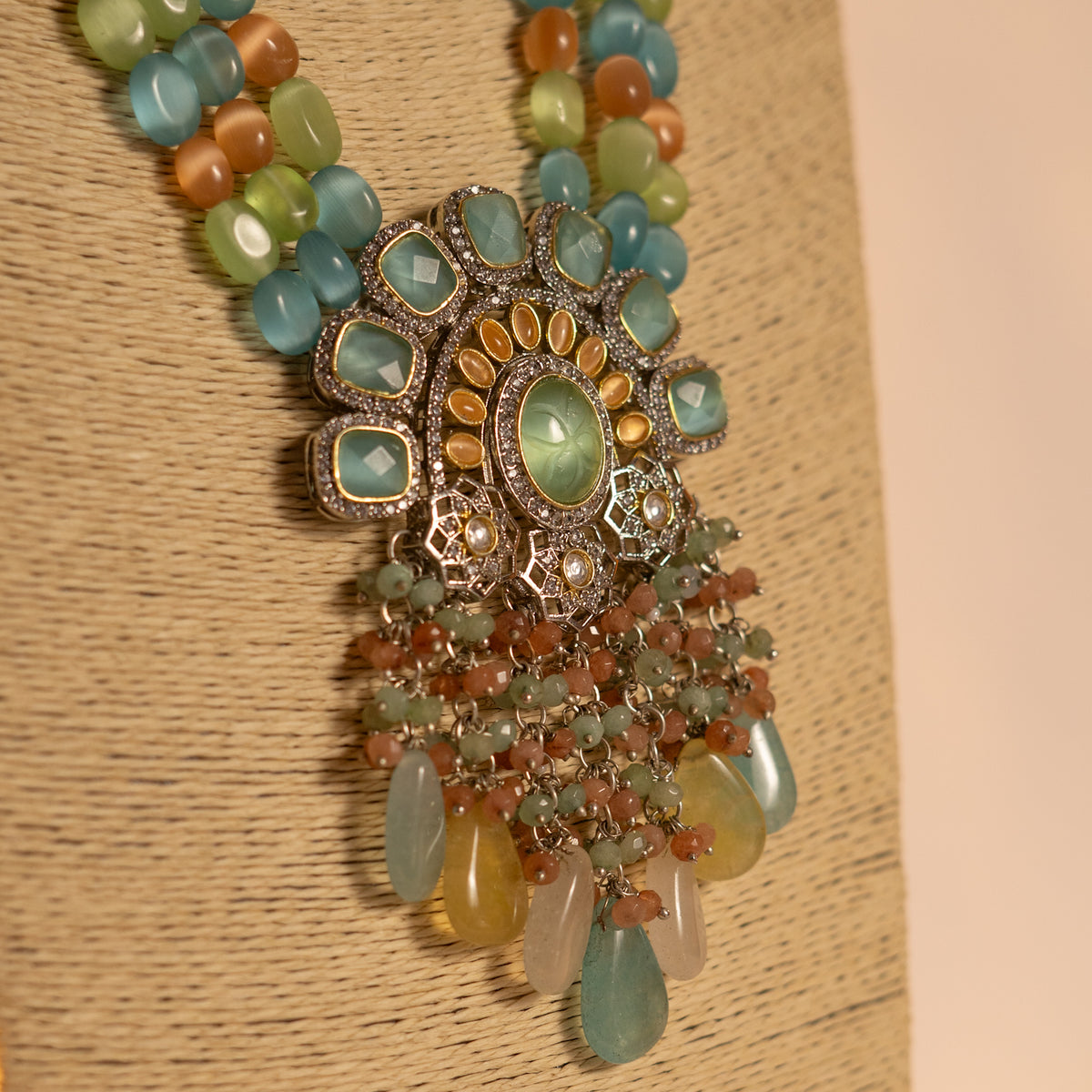 VARDHANA MONALISA STONE AND AD STONE BEADED MALA WITH EARRINGS ML06