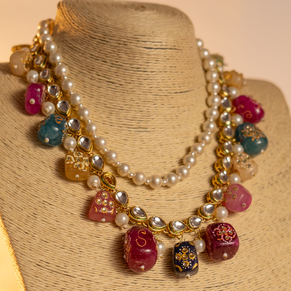 MICHELLA KUNDAN AND NATURAL STONE HAND PAINTED AND HANDMADE MALA ML02