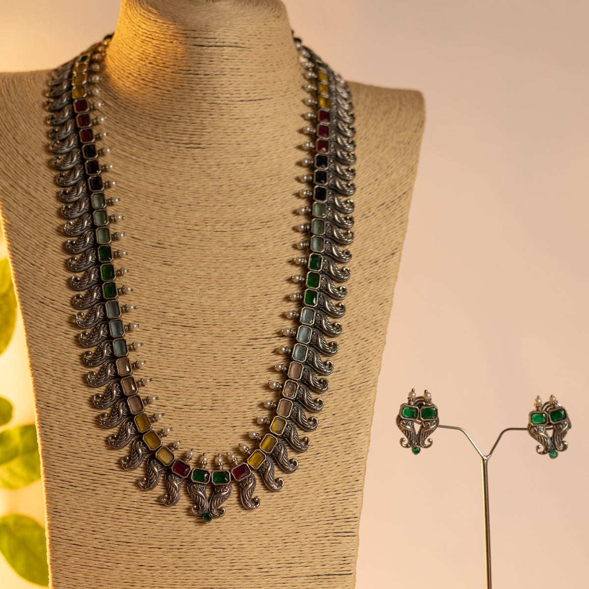 RADHANIA SILVER LOOK ALIKE ANTIQUE MALA WITH EARRINGS ML17