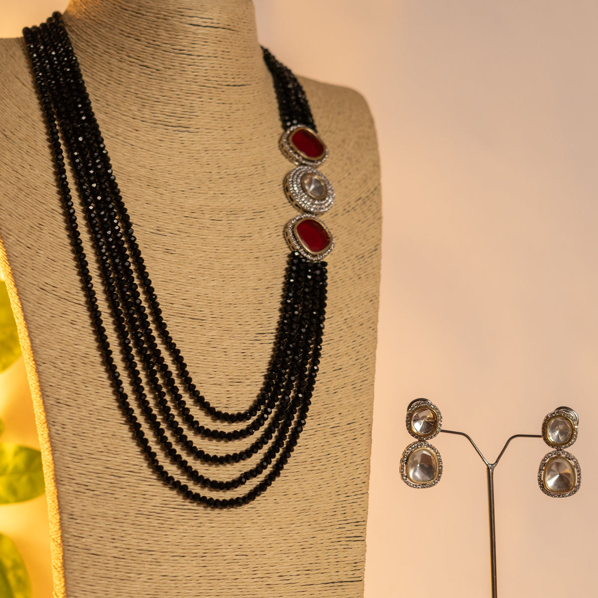 CRYSTA CRYSTAL MONALISA STONE AND AD STONE MALA WITH EARRINGS ML15