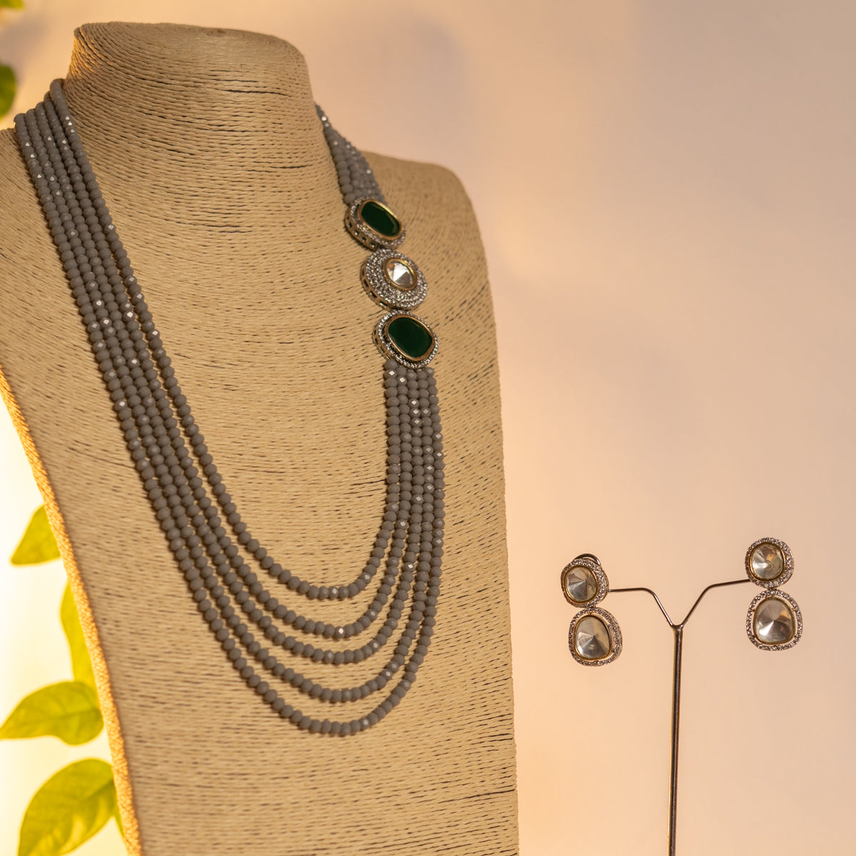 CRYSTA CRYSTAL MONALISA STONE AND AD STONE MALA WITH EARRINGS ML15