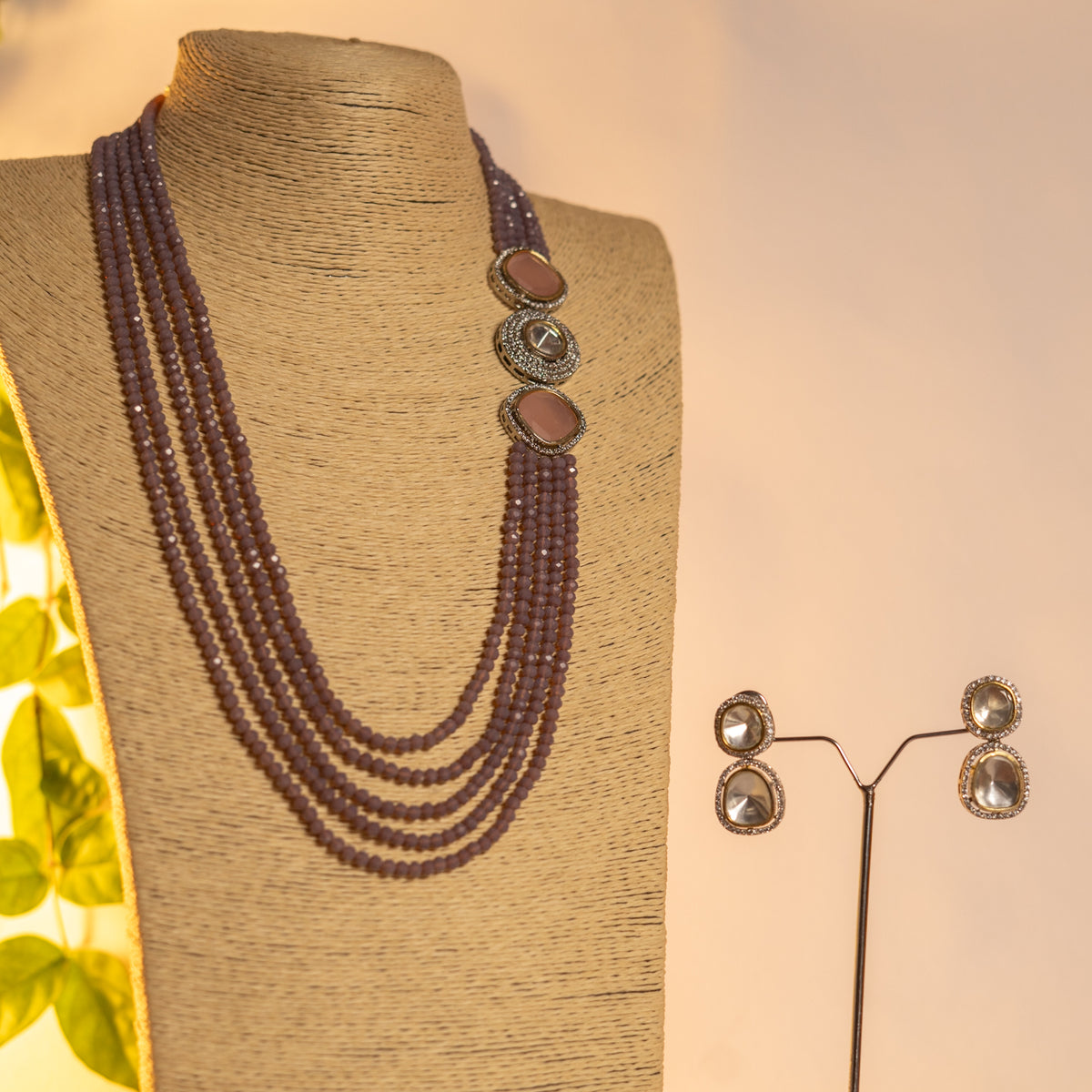 CRYSTA CRYSTAL MONALISA STONE AND AD STONE MALA WITH EARRINGS ML15