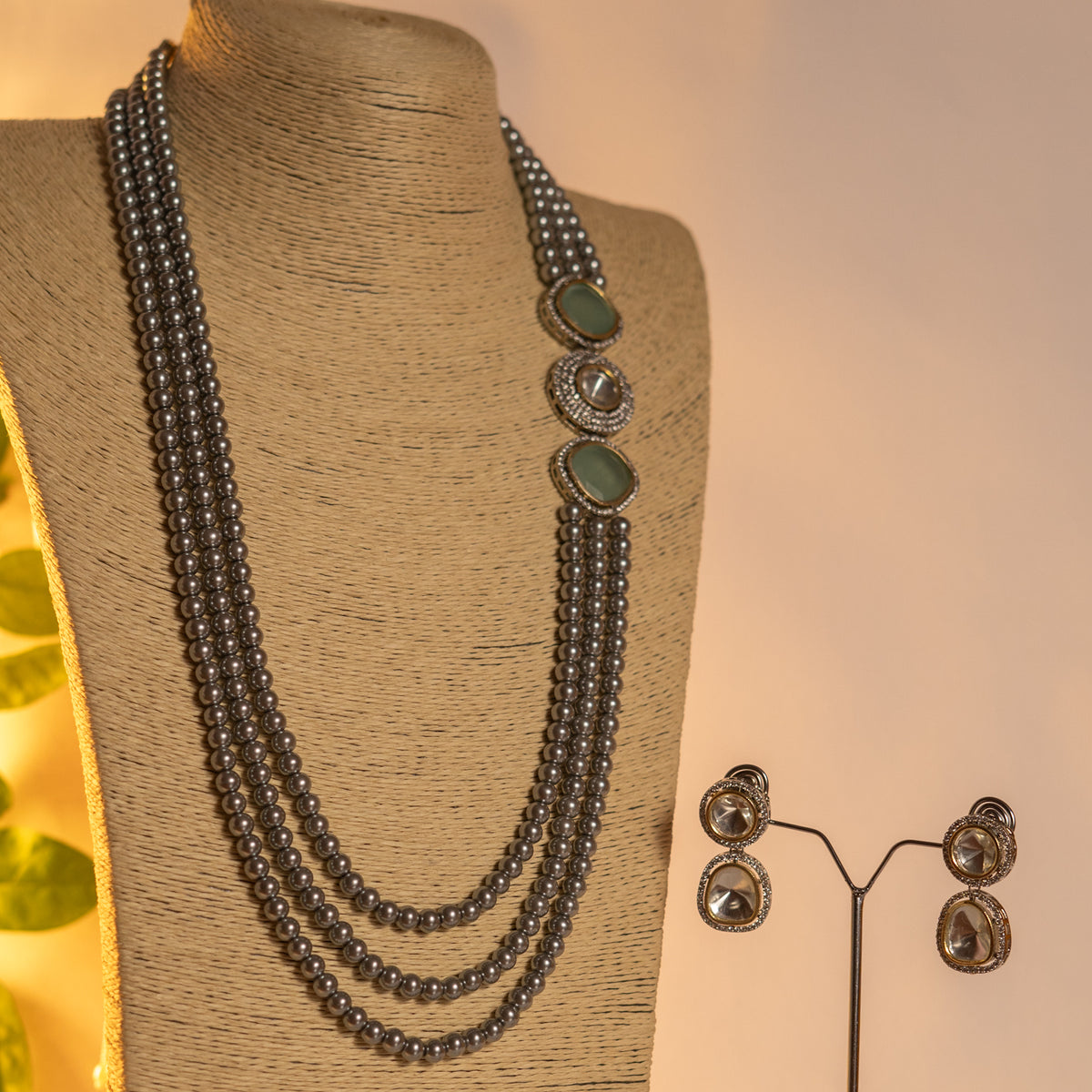 SIRENE PEARL MONALISA STONE AND AD STONE MALA WITH EARRINGS ML14