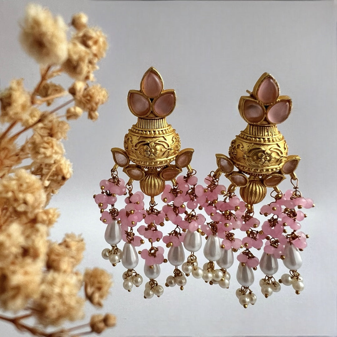 AQUARIUS SEMI HANDMADE MONOLISA AND BEADED GOLD-TONED EARRING -ER122