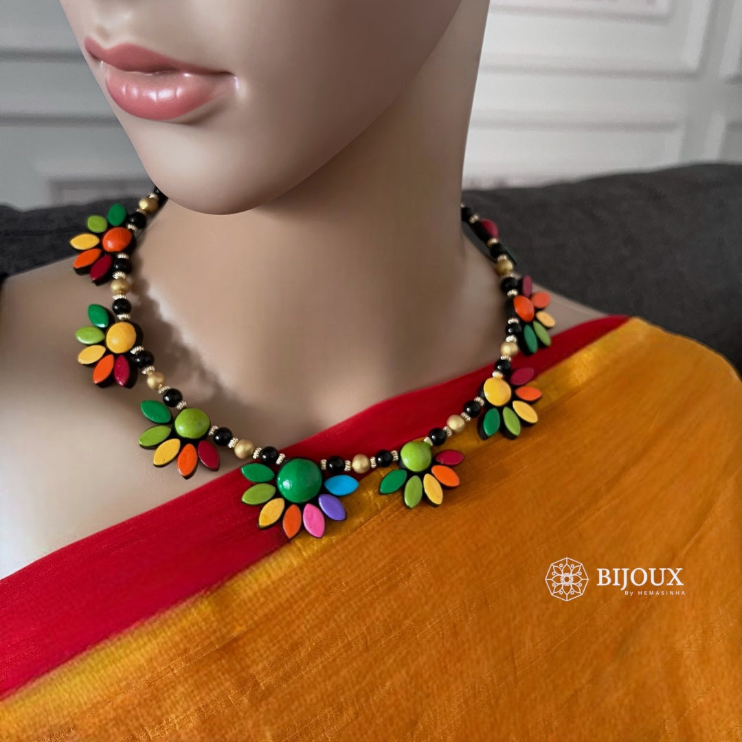 RAINBOW BLOOM TERRACOTTA HANDMADE NECKLACE WITH EARRINGS TR19