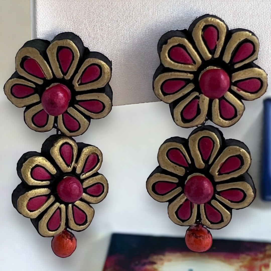 FLORAL CHUTE 2 TIER TERRACOTTA HANDMADE EARRING TR51