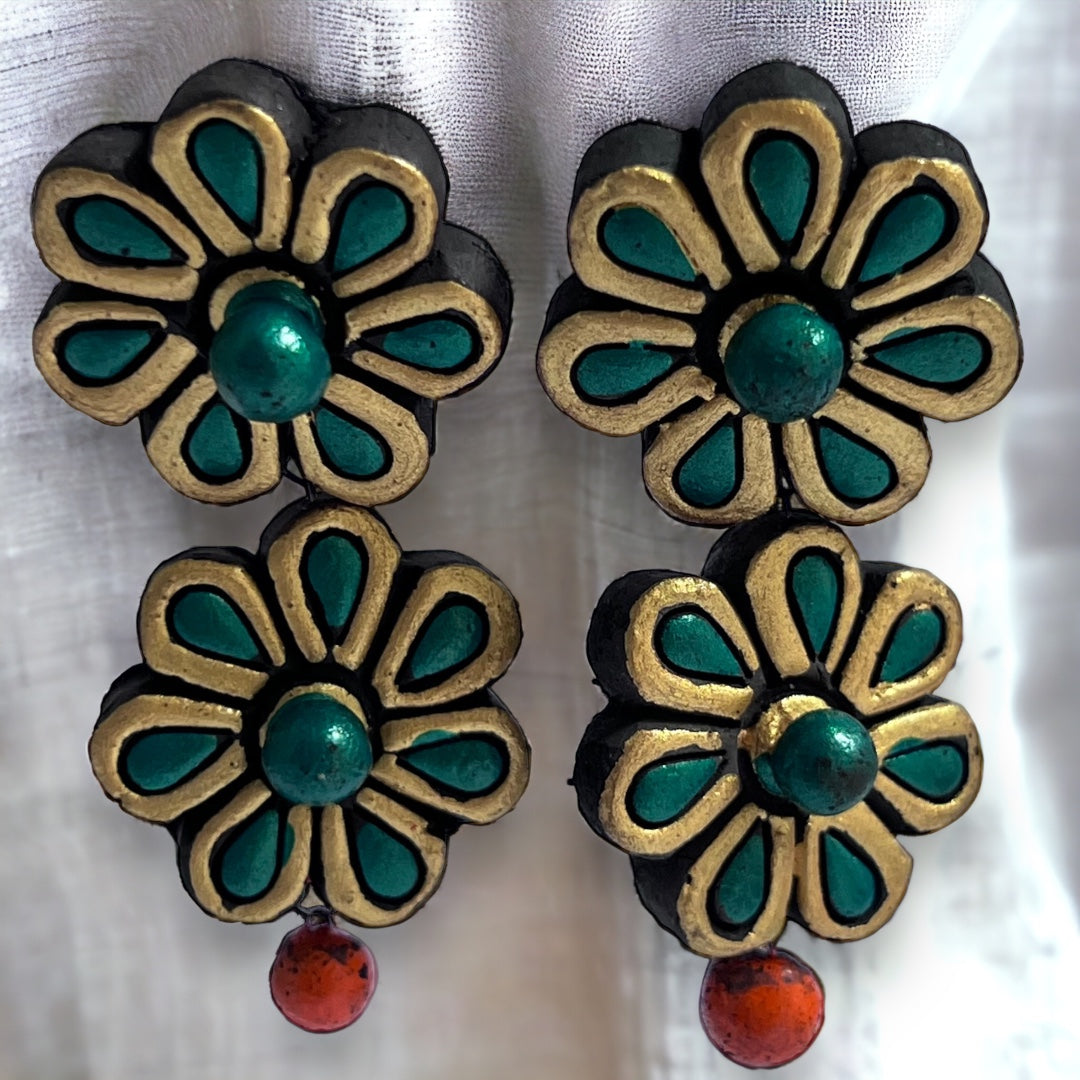 FLORAL CHUTE 2 TIER TERRACOTTA HANDMADE EARRING TR51