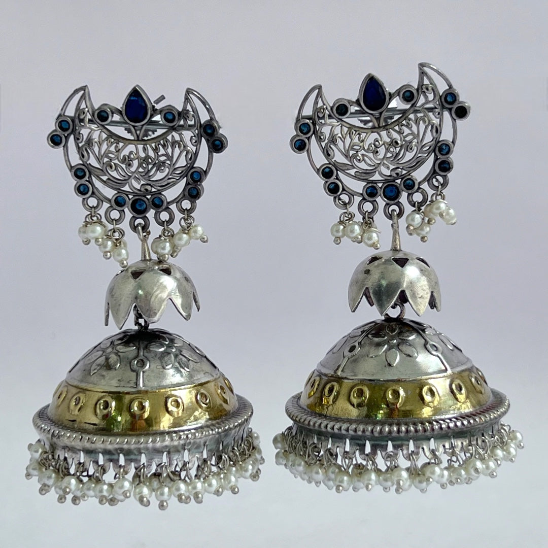 CELESTA SILVER LOOK ALIKE DUAL-TONED PREMIUM POLISH HANDMADE JHUMKA ER235