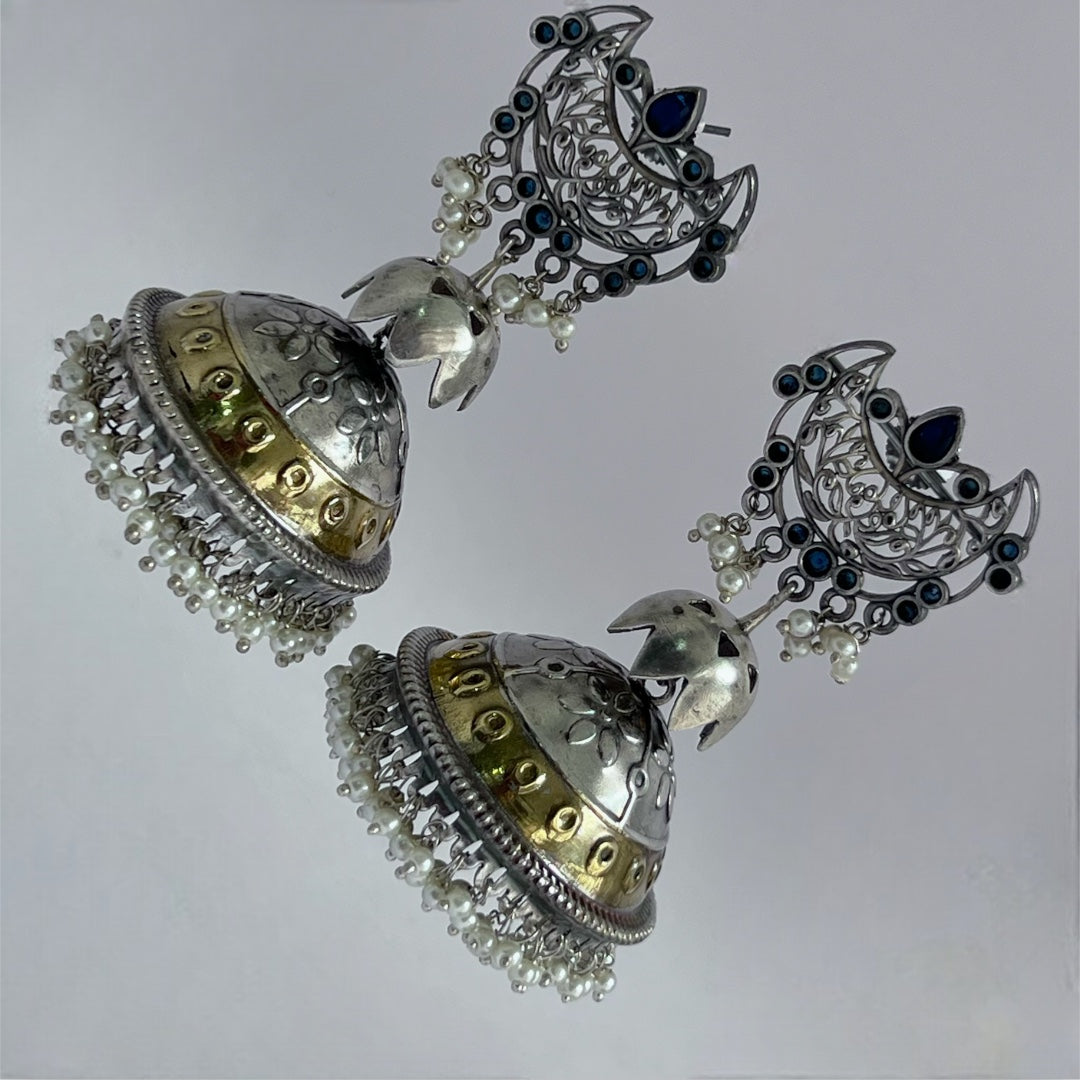 CELESTA SILVER LOOK ALIKE DUAL-TONED PREMIUM POLISH HANDMADE JHUMKA ER235