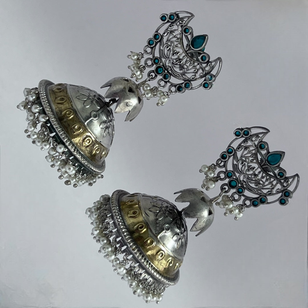 CELESTA SILVER LOOK ALIKE DUAL-TONED PREMIUM POLISH HANDMADE JHUMKA ER235
