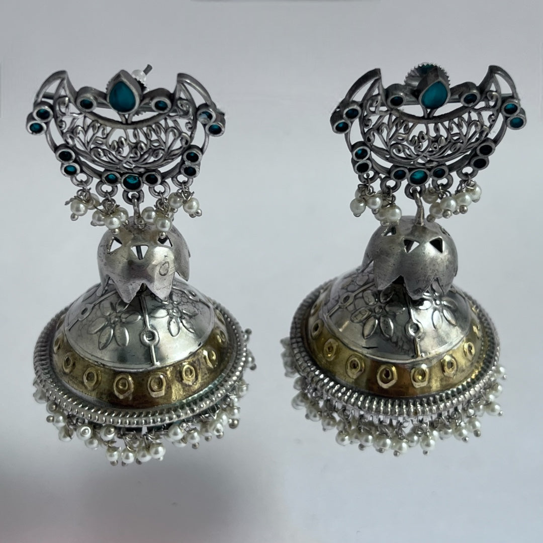 CELESTA SILVER LOOK ALIKE DUAL-TONED PREMIUM POLISH HANDMADE JHUMKA ER235