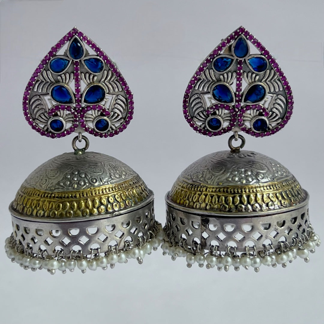 HEARTY LEAF SILVER LOOK ALIKE DUAL-TONED PREMIUM POLISH HANDMADE JHUMKA ER234