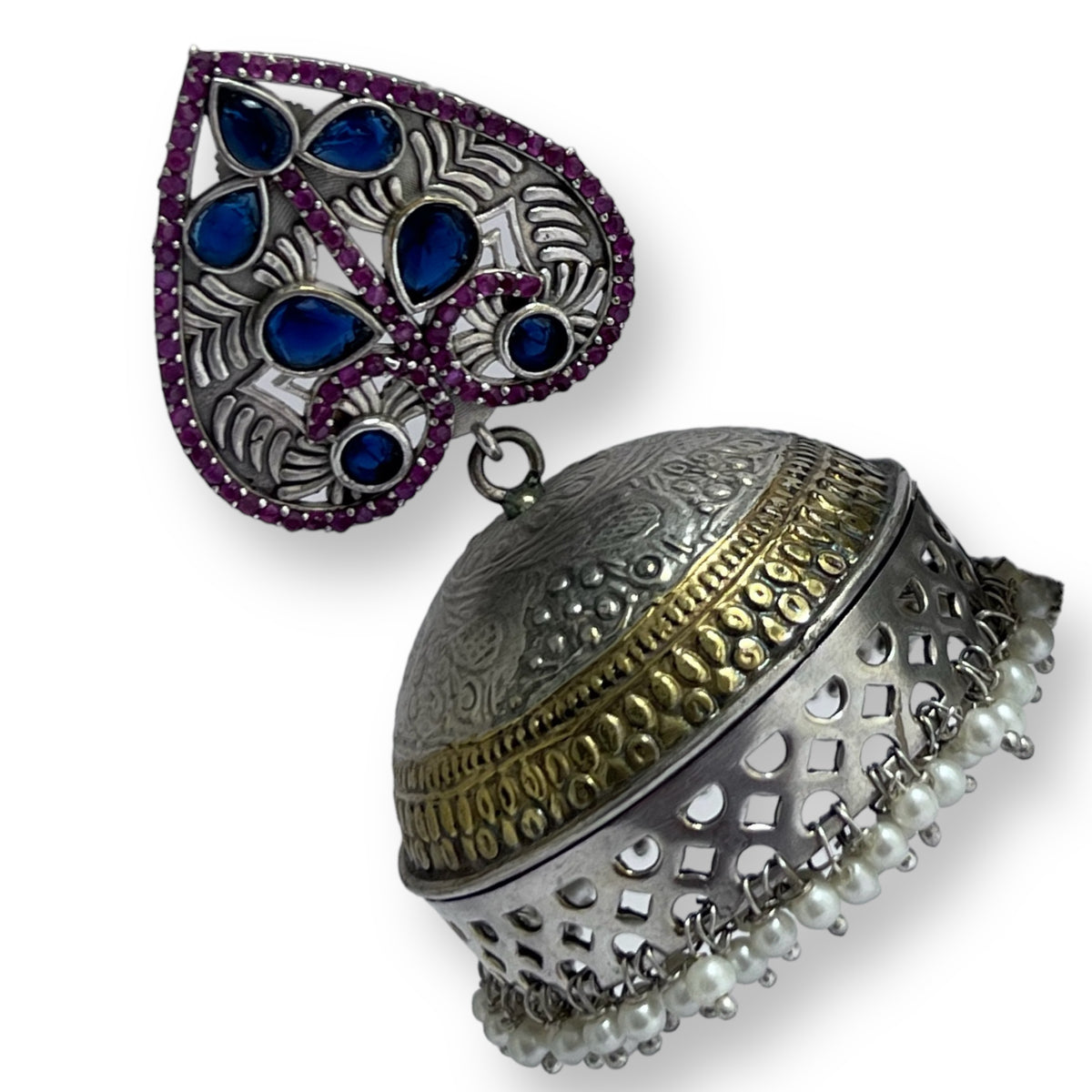 HEARTY LEAF SILVER LOOK ALIKE DUAL-TONED PREMIUM POLISH HANDMADE JHUMKA ER234