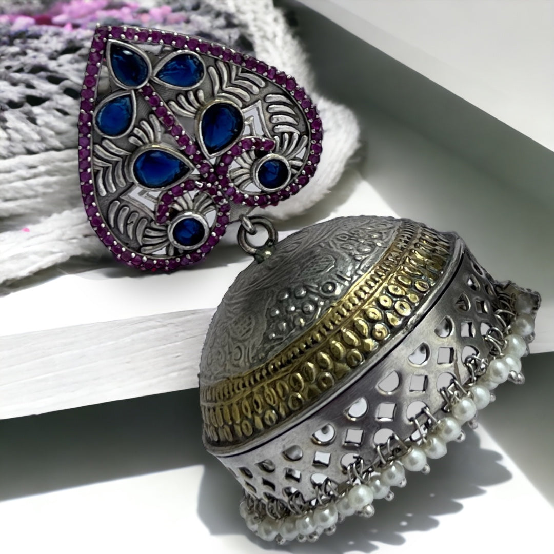 HEARTY LEAF SILVER LOOK ALIKE DUAL-TONED PREMIUM POLISH HANDMADE JHUMKA ER234