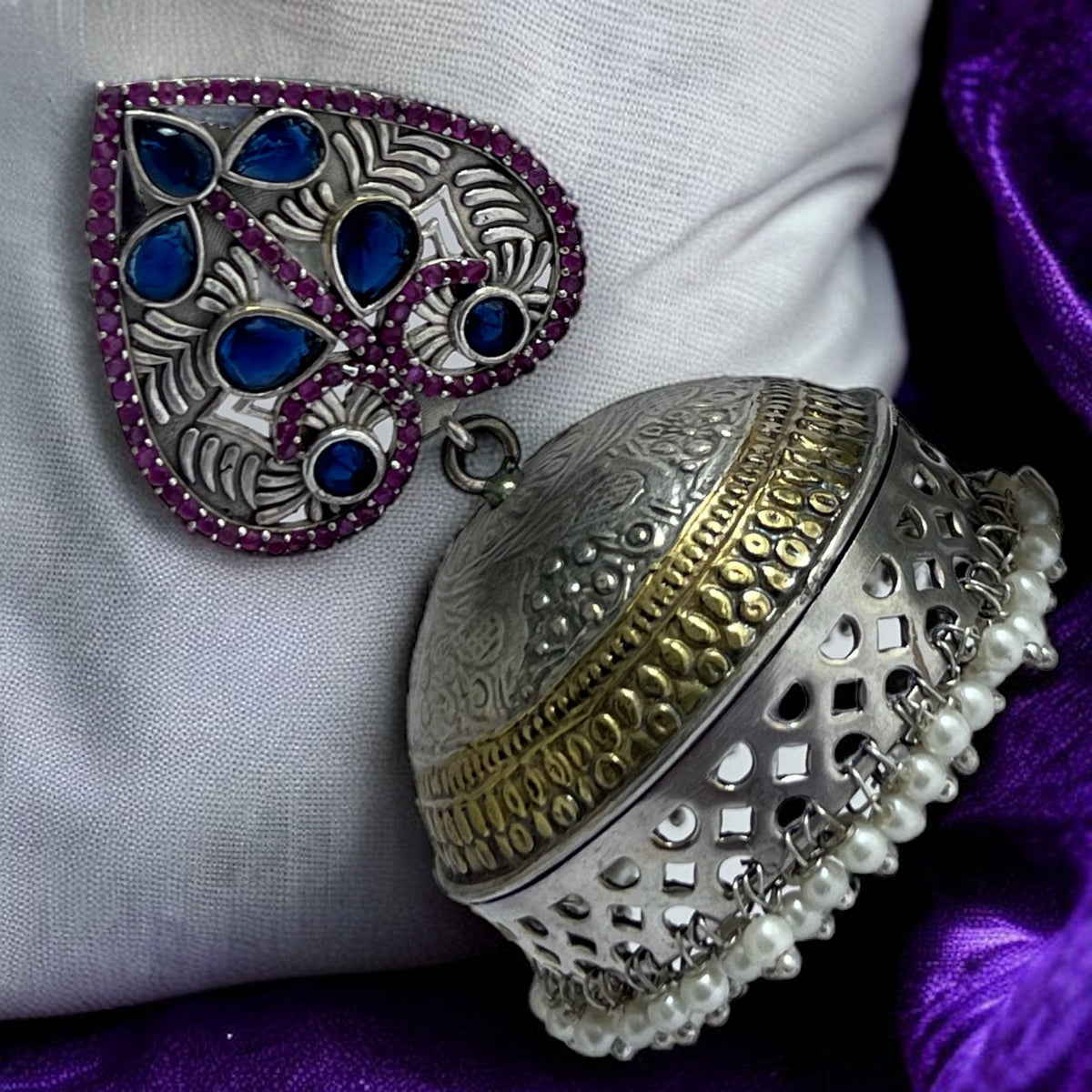 HEARTY LEAF SILVER LOOK ALIKE DUAL-TONED PREMIUM POLISH HANDMADE JHUMKA ER234