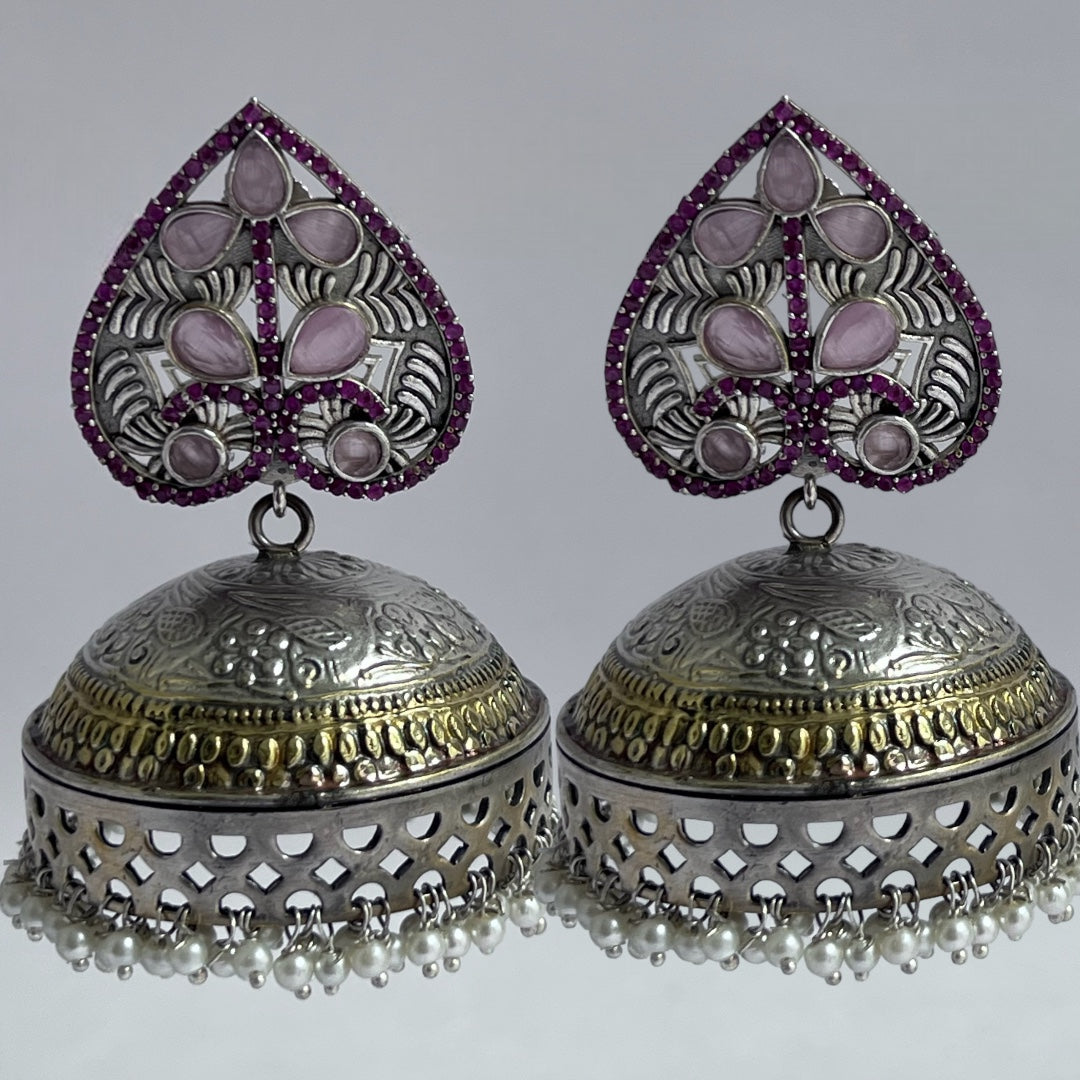 HEARTY LEAF SILVER LOOK ALIKE DUAL-TONED PREMIUM POLISH HANDMADE JHUMKA ER234