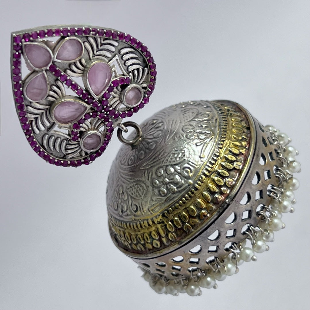 HEARTY LEAF SILVER LOOK ALIKE DUAL-TONED PREMIUM POLISH HANDMADE JHUMKA ER234