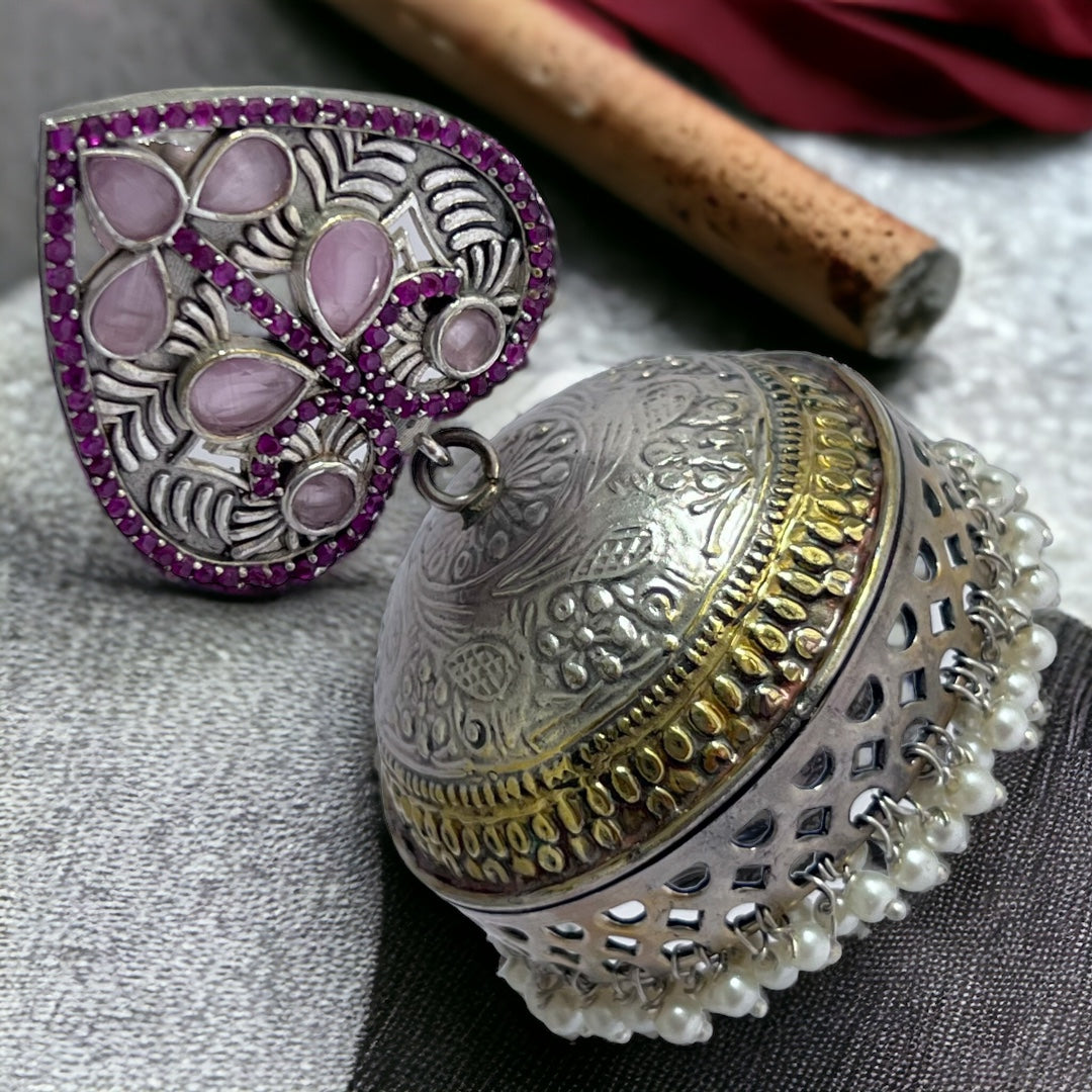 HEARTY LEAF SILVER LOOK ALIKE DUAL-TONED PREMIUM POLISH HANDMADE JHUMKA ER234