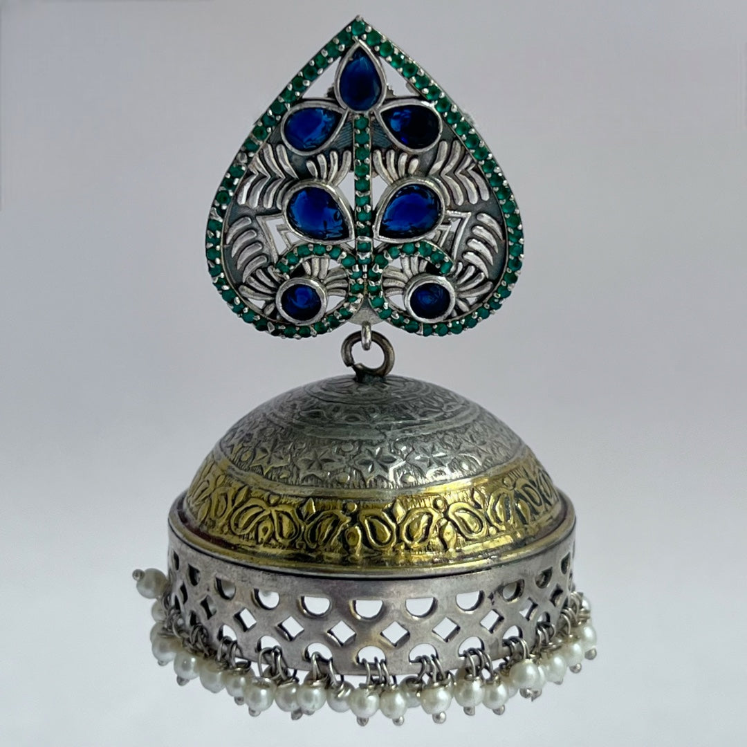 HEARTY LEAF SILVER LOOK ALIKE DUAL-TONED PREMIUM POLISH HANDMADE JHUMKA ER234