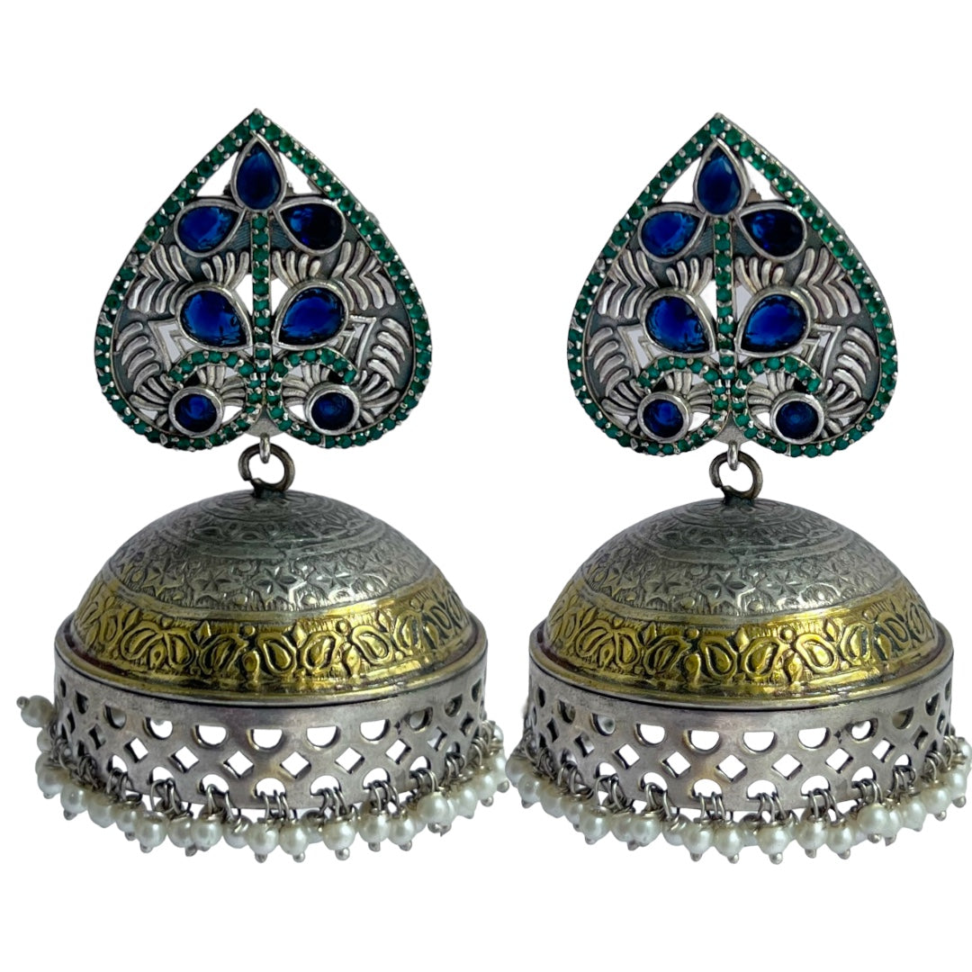 HEARTY LEAF SILVER LOOK ALIKE DUAL-TONED PREMIUM POLISH HANDMADE JHUMKA ER234