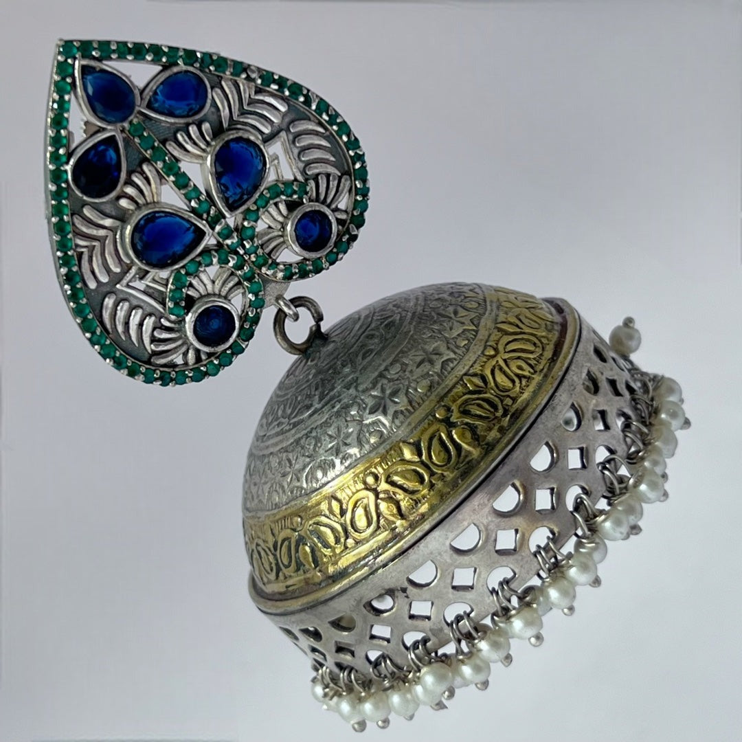 HEARTY LEAF SILVER LOOK ALIKE DUAL-TONED PREMIUM POLISH HANDMADE JHUMKA ER234