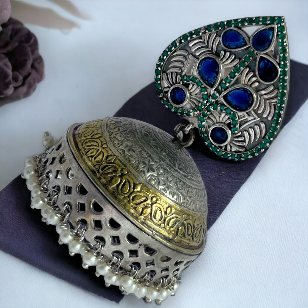 HEARTY LEAF SILVER LOOK ALIKE DUAL-TONED PREMIUM POLISH HANDMADE JHUMKA ER234