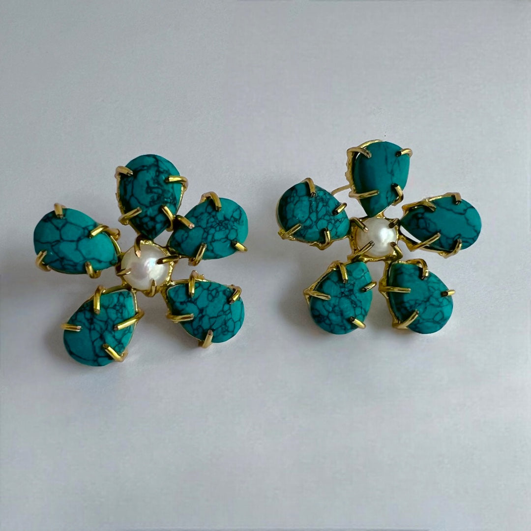 FLORAL FIROZA LAB TURQUOISE WITH PEARL HANDMADE STUD  ER161