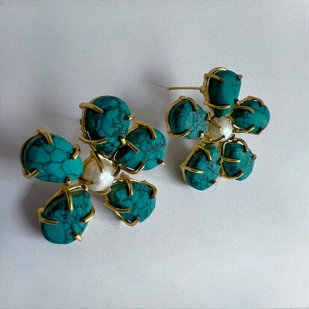 FLORAL FIROZA LAB TURQUOISE WITH PEARL HANDMADE STUD  ER161