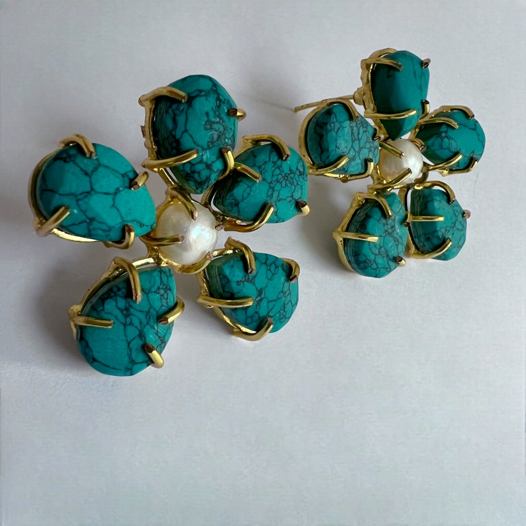 FLORAL FIROZA LAB TURQUOISE WITH PEARL HANDMADE STUD  ER161