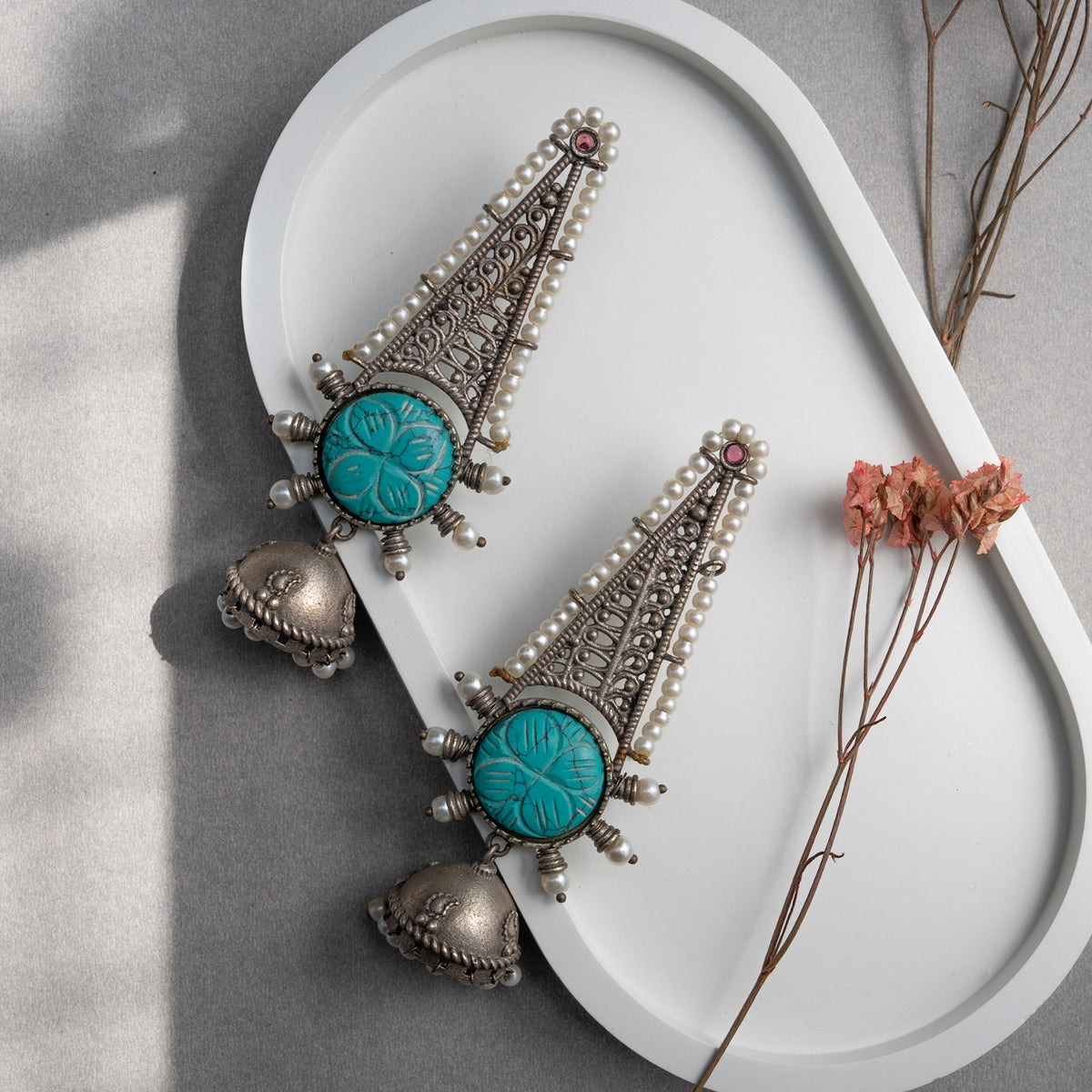 DHRITI FAUX SILVER SEMI HANDMADE ANTIQUE  RAW AND RUSTIC EARRINGS/JHUMKAS ER728