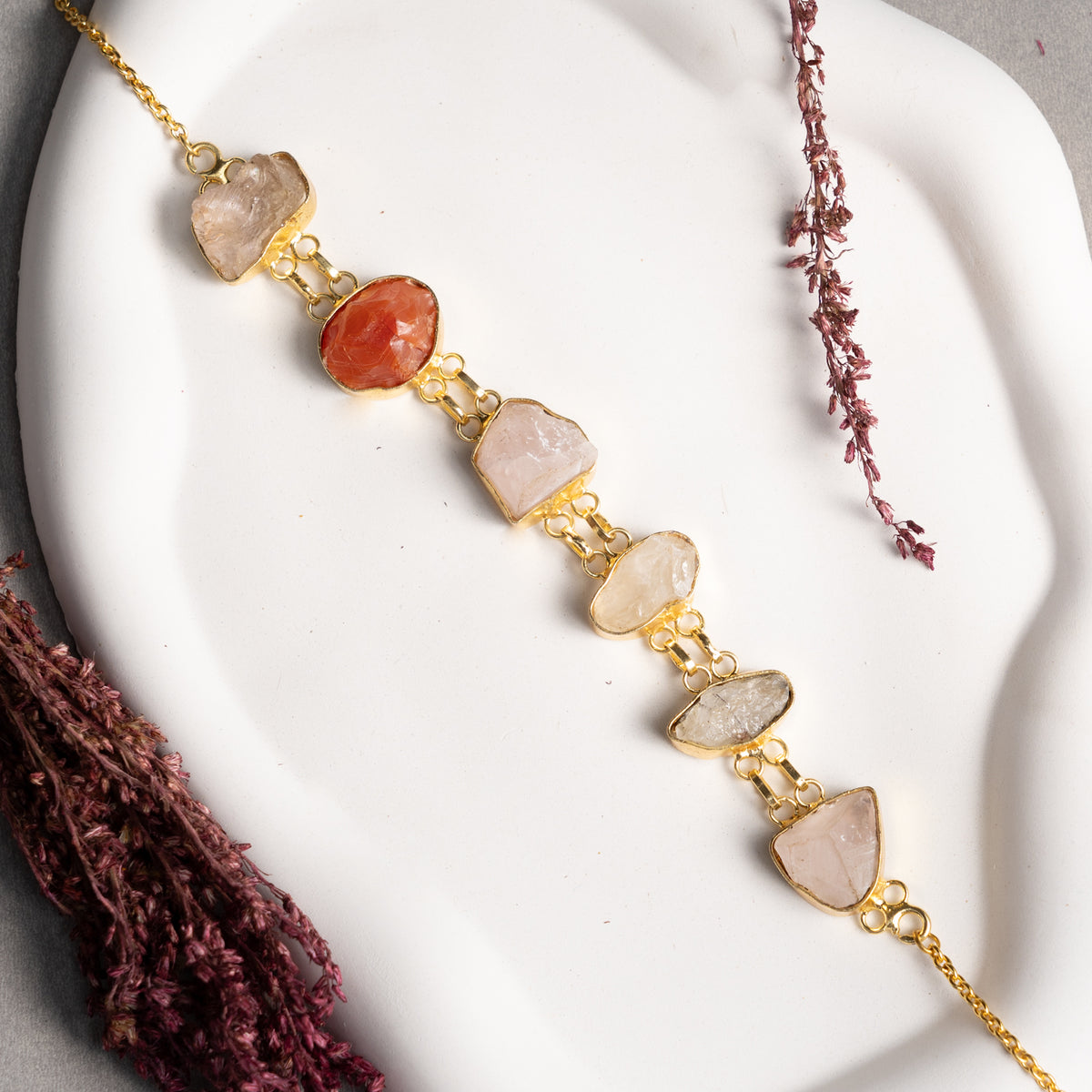 MAYA GOLD TONED RAW STONED HANDMADE HAND HAMMERED CHOKER OF24