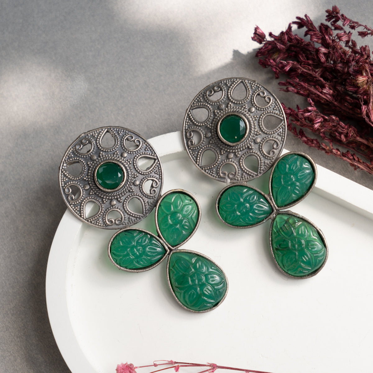 FALGUNI FAUX SILVER ANTIQUE CARVING STONE SEMI HANDMADE EARRINGS ER770