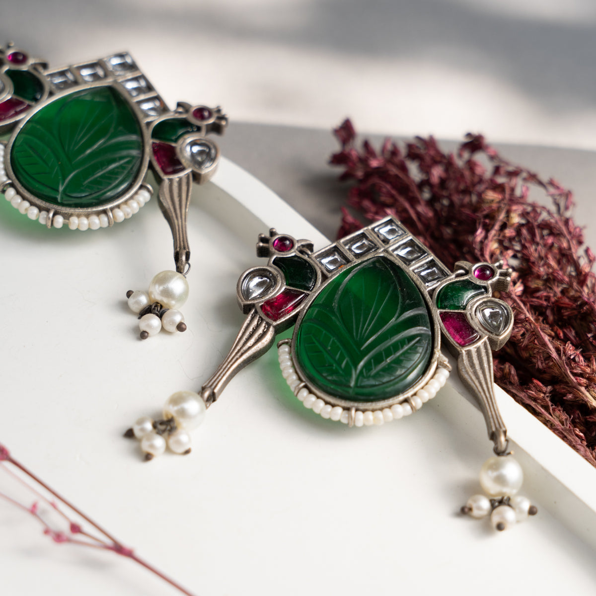 FIZA FAUX SILVER RAW AND RUSTIC CARVING STONE SEMI HANDMADE  EARRINGS ER769