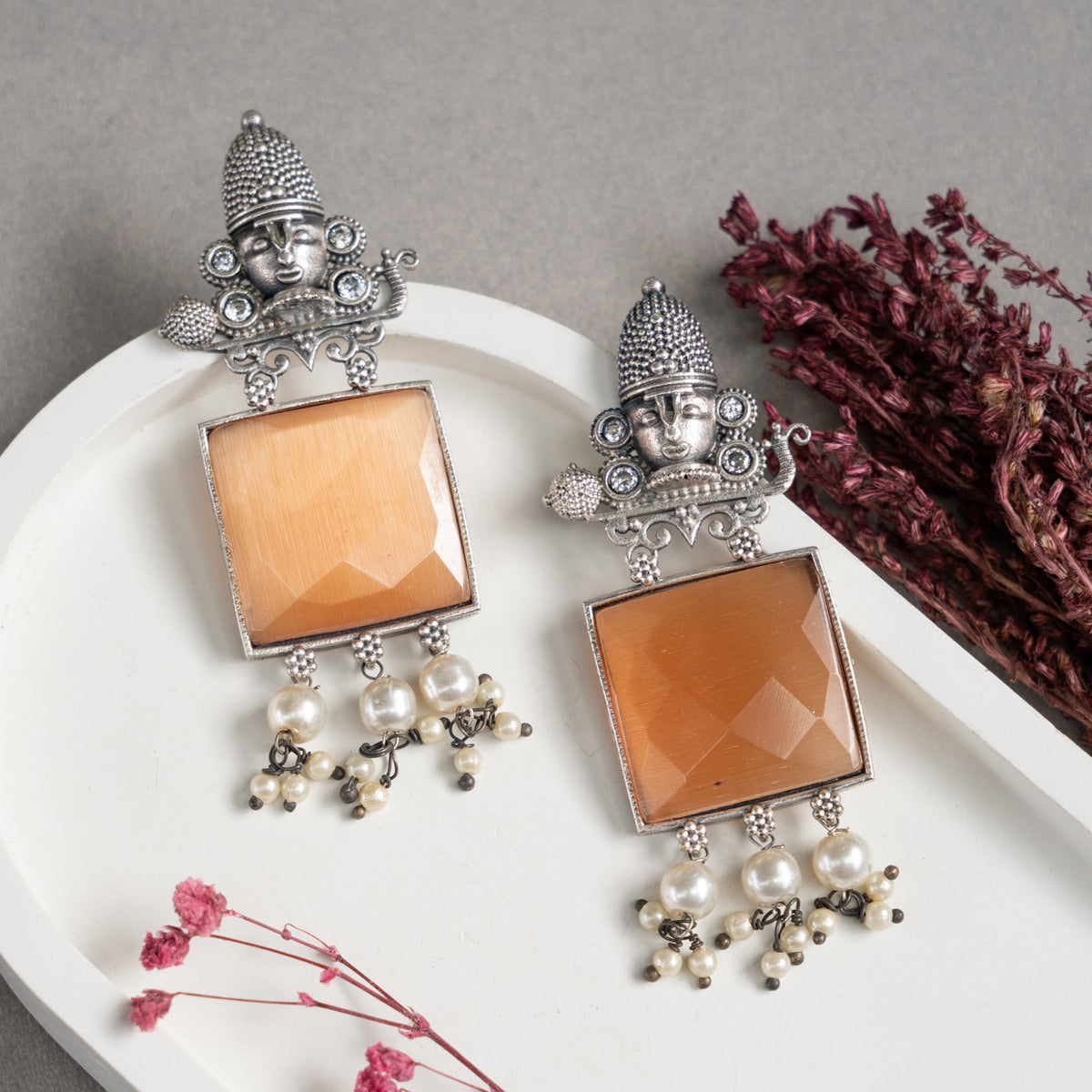 GEETIKA FAUX SILVER ANTIQUE SEMI HANDMADE TEMPLE COLLECTION EARRINGS ER772