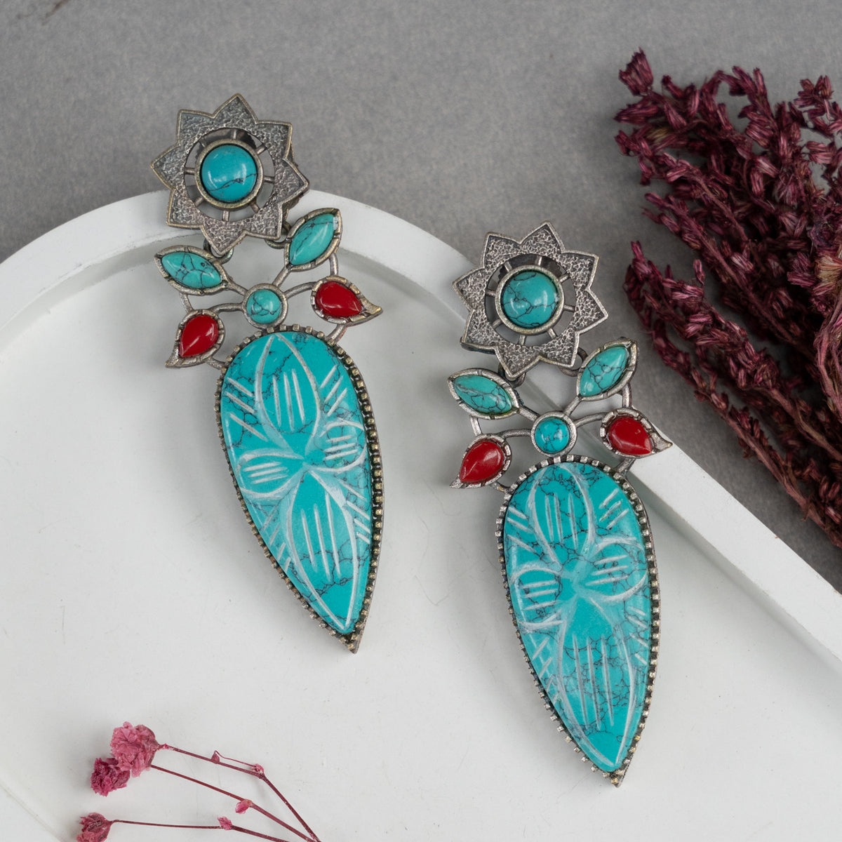 LEENA BIJOUX PREMIUM FAUX SILVER RAW AND RUSTIC SEMI HANDMADE EARRINGS ER766