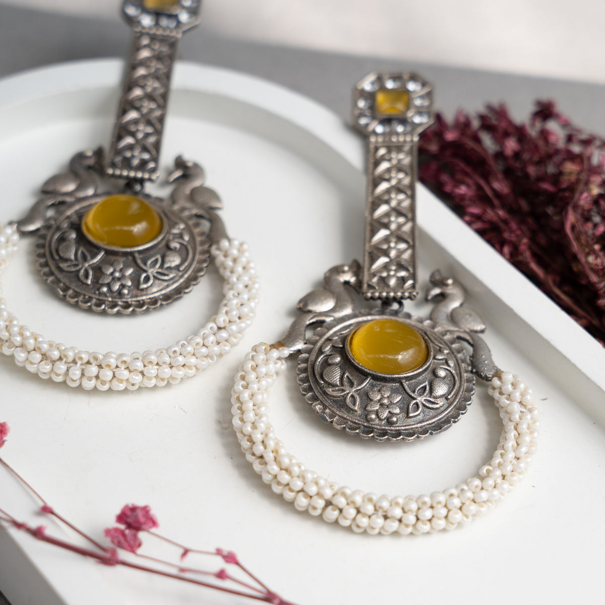 ELA FAUX SILVER ANTIQUE SEMI HANDMADE BIJOUX EXCLUSIVE EARRINGS ER760