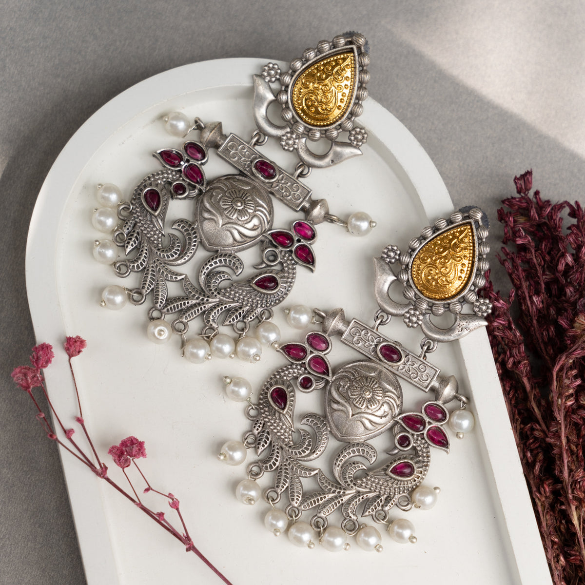 FAUX SILVER  DUAL-TONE SEMI HANDMADE EARRINGS ER762