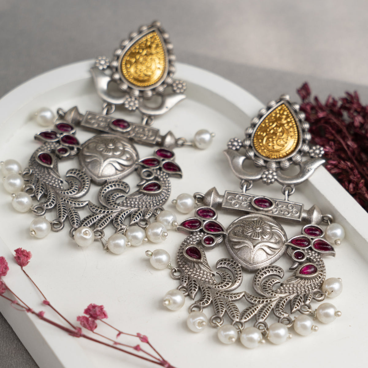 FAUX SILVER  DUAL-TONE SEMI HANDMADE EARRINGS ER762