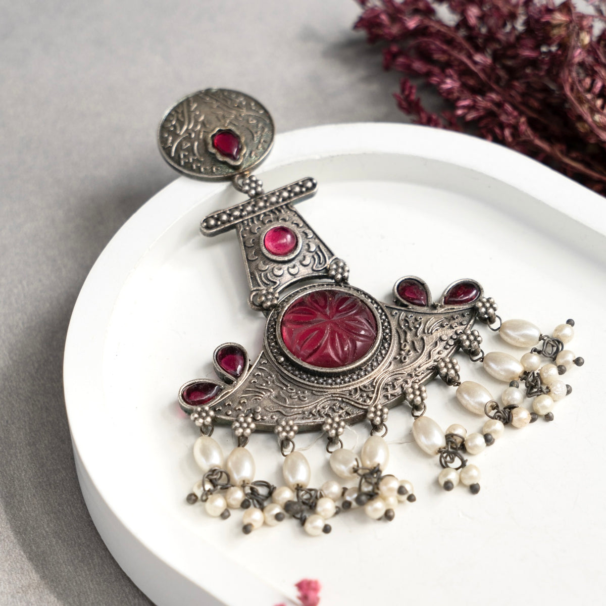 CHARU FAUX SILVER SEMI HANDMADE ANTIQUE  EARRINGS ER758