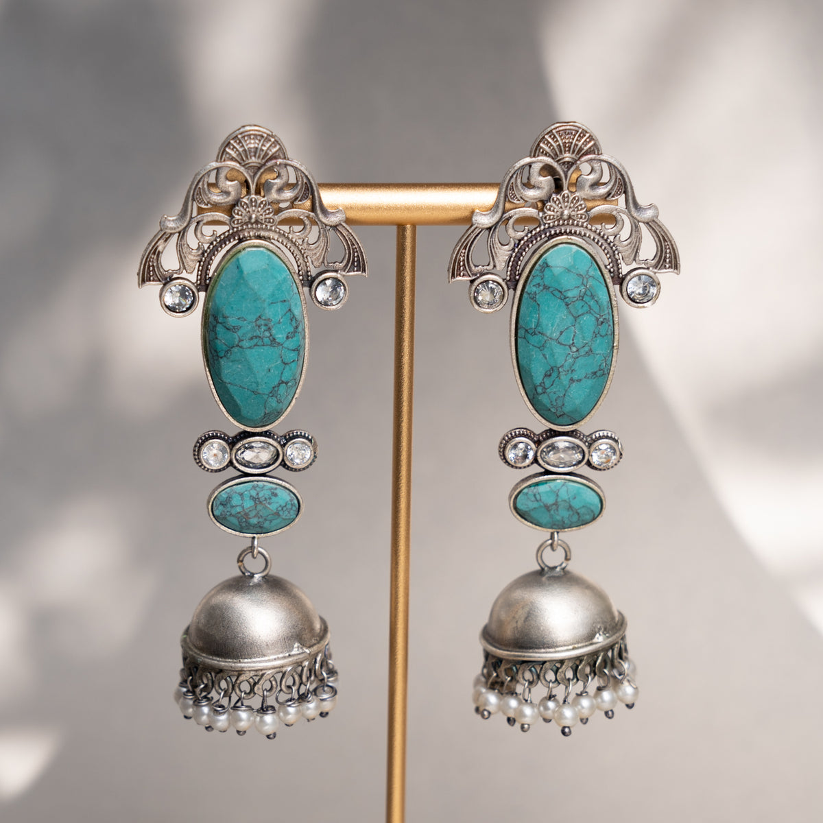 FARIHA FAUX SILVER ANIQUE SEMI HANDMADE EARRINGS/JHUMKAS ER767