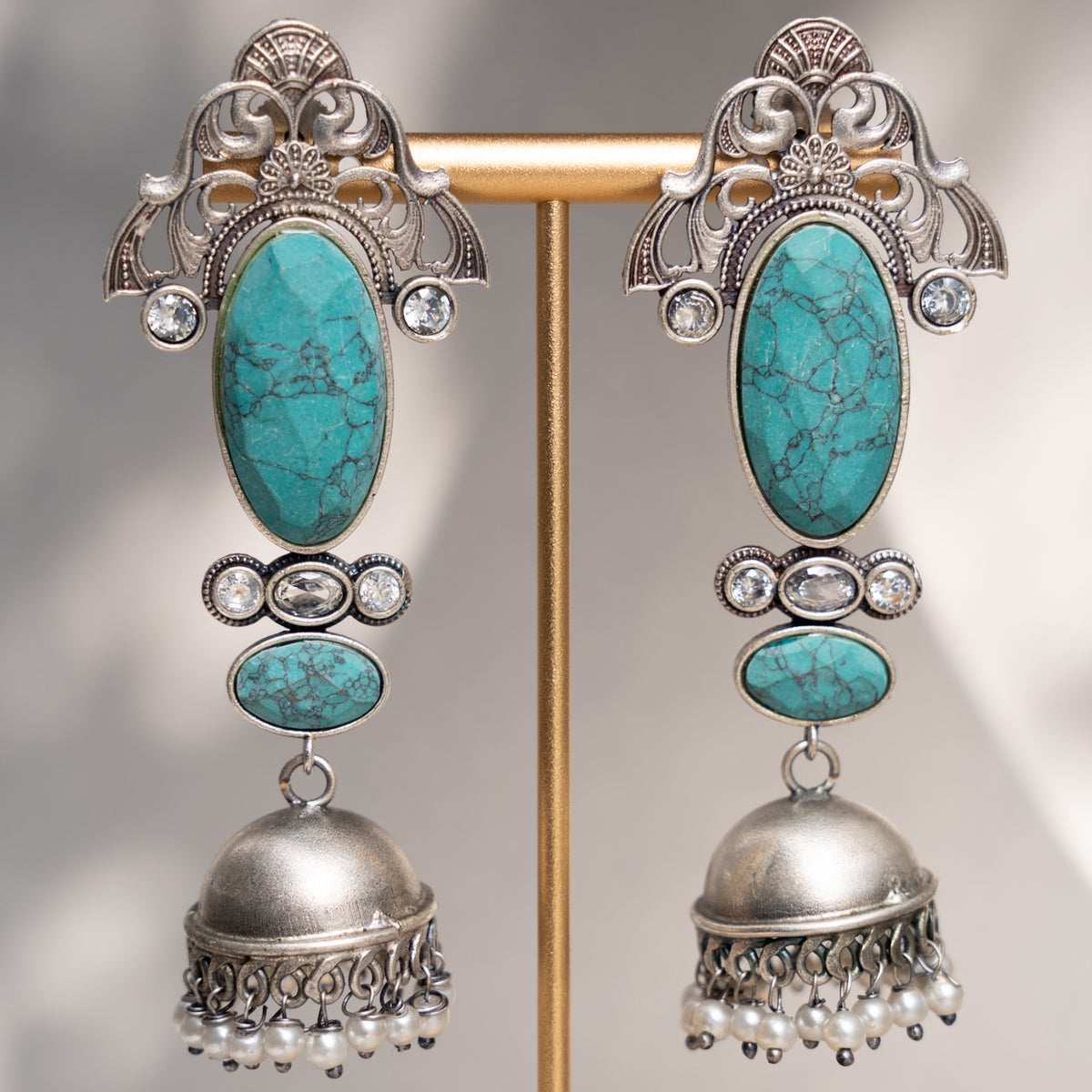 FARIHA FAUX SILVER ANIQUE SEMI HANDMADE EARRINGS/JHUMKAS ER767