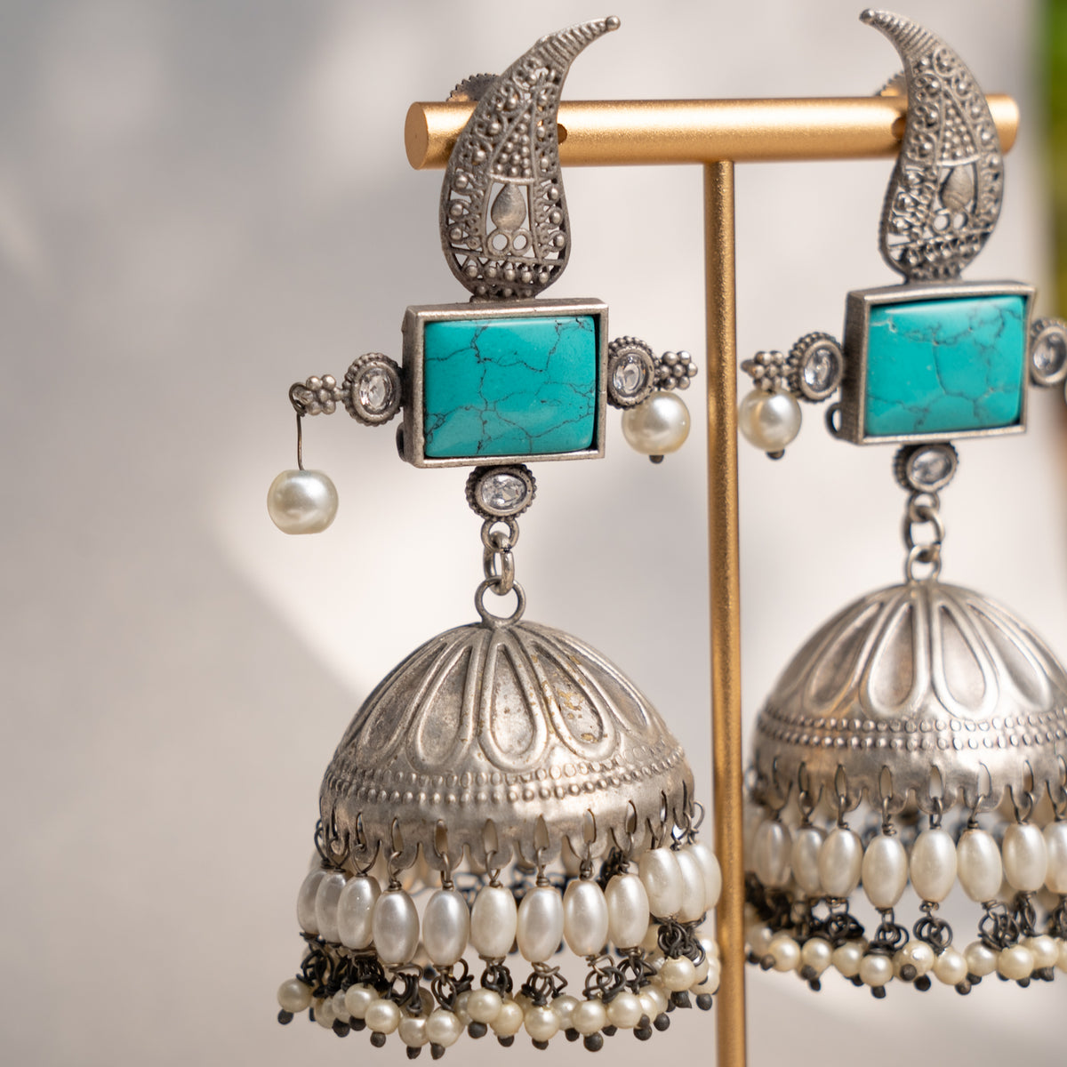 FALAK FAUX SILVER ANTIQUE SEMI HANDMADE EARRINGS/ JHUMKAS ER763