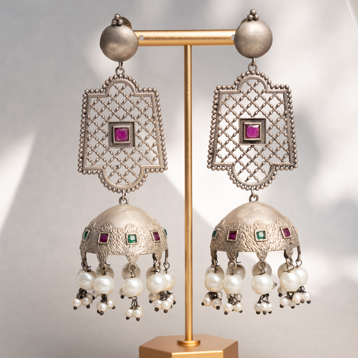 EKTA FAUX SILVER SEMI HANDMADE EARRINGS/ JHUMKAS ER759