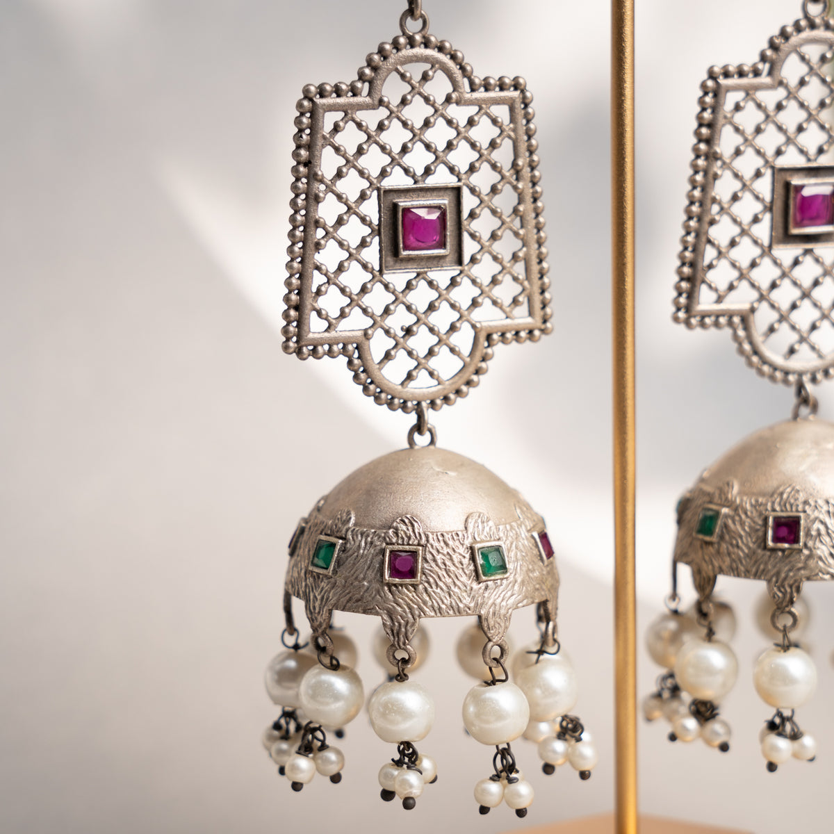 EKTA FAUX SILVER SEMI HANDMADE EARRINGS/ JHUMKAS ER759