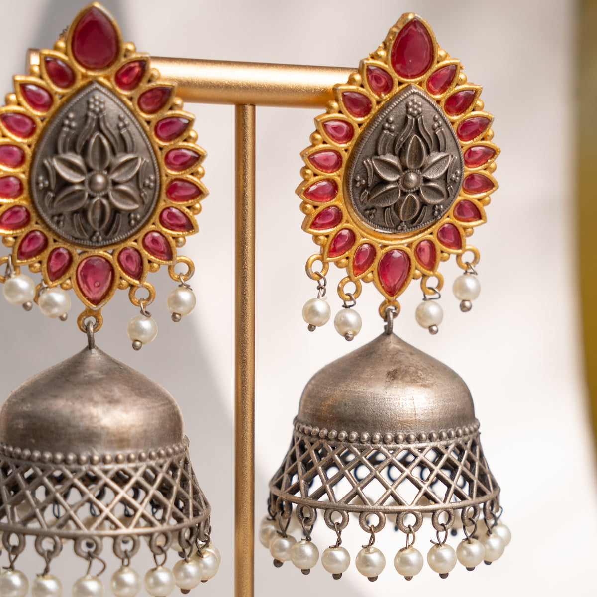 ESHITA FAUX SILVER  DUAL-TONE SEMI HANDMADE EARRINGS/ JHUMKAS ER761