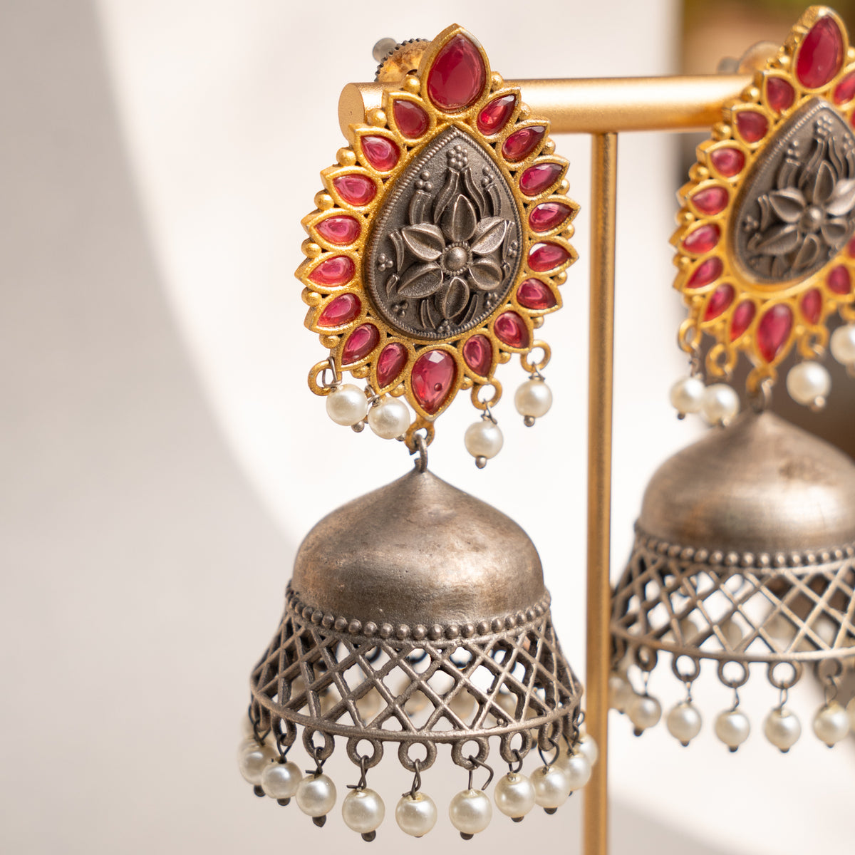 ESHITA FAUX SILVER  DUAL-TONE SEMI HANDMADE EARRINGS/ JHUMKAS ER761