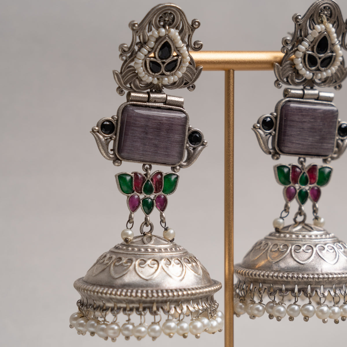 KASHVI BIJOUX PREMIUM FAUX SILVER RAW AND RUSTIC HANDMADE MONALISA STONE EARRINGS/JHUMKAS ER738